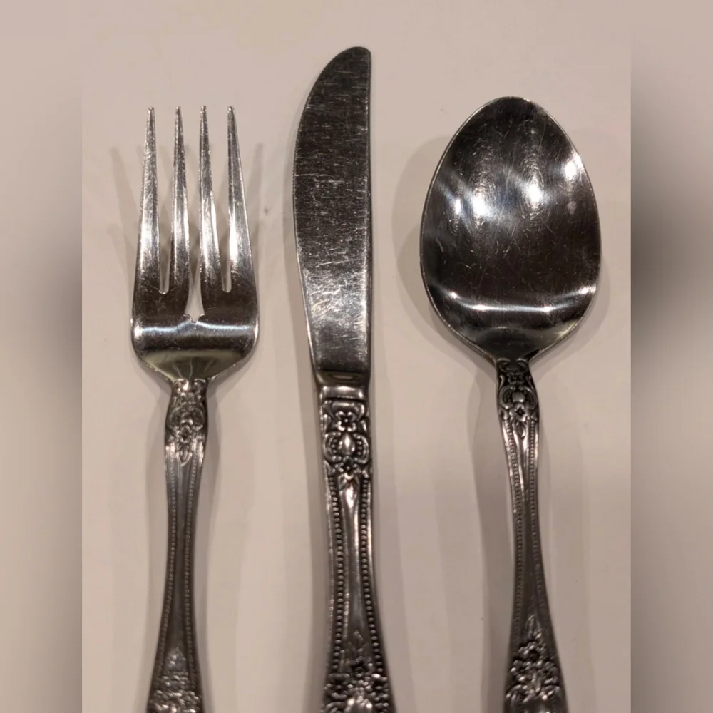 Vintage ROGERS Stainless Flatware Cutlery Set Precious Rose KOREA Table Setting